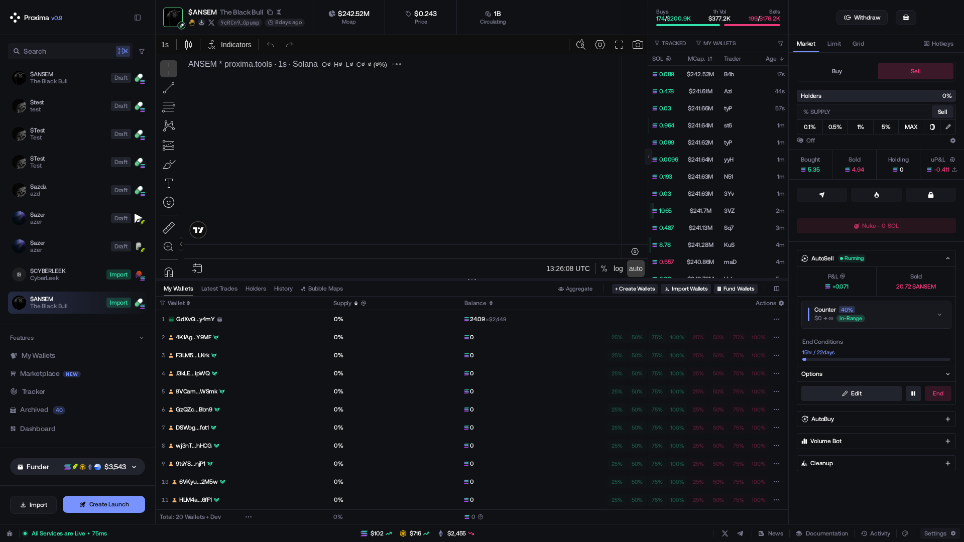 Manual trading, token actions, and automation controls in the Live Workspace