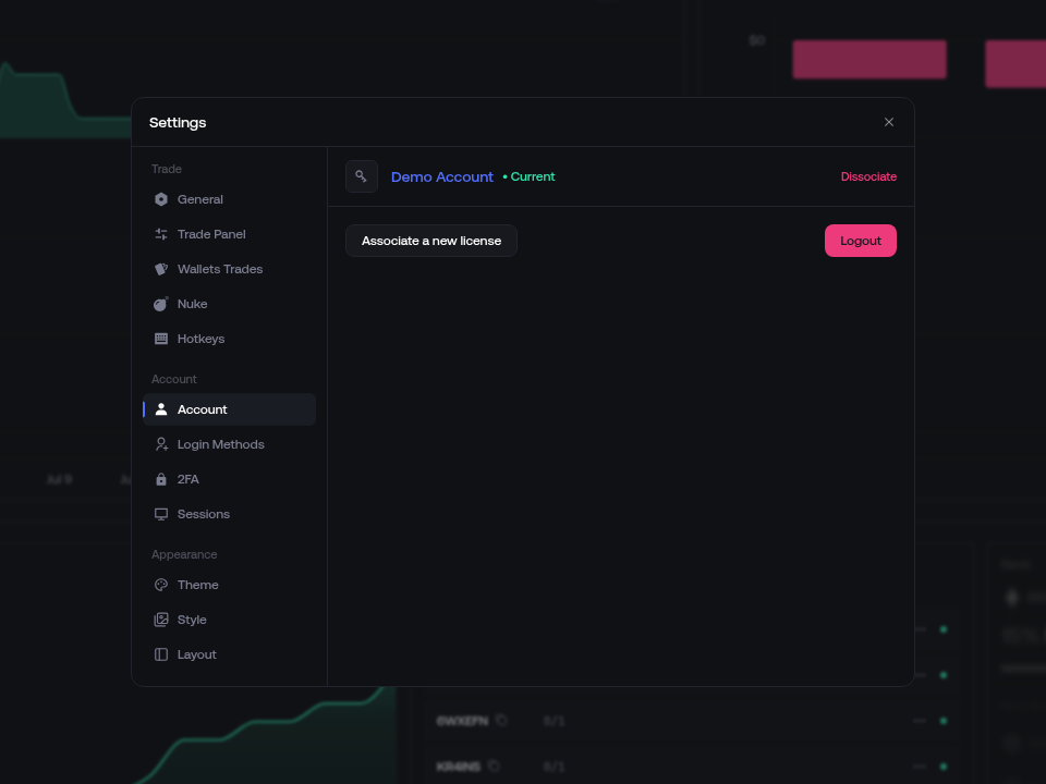 Account settings in Proxima with demo license data