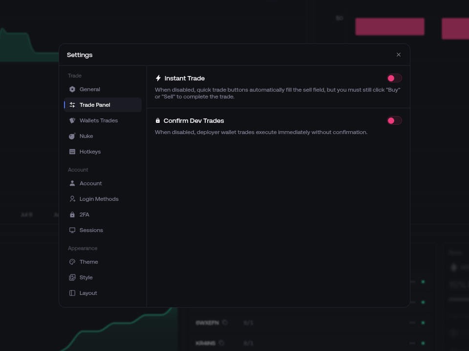 Trade Panel settings in Proxima