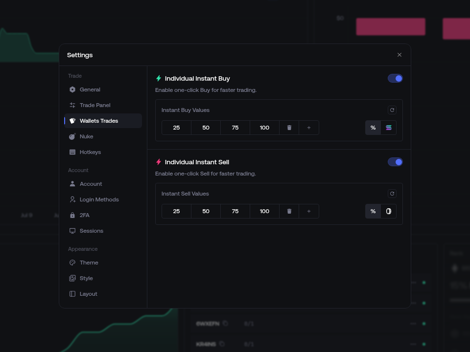 Wallets Trades settings in Proxima